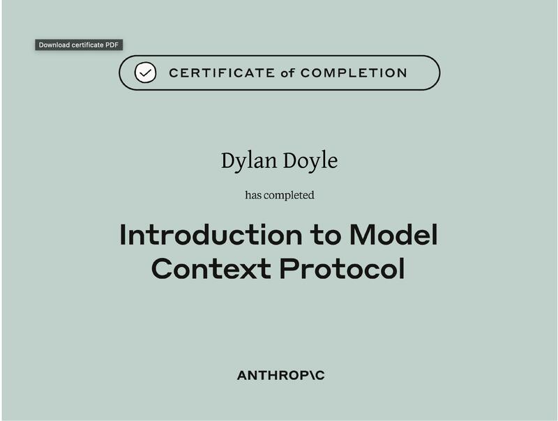 Introduction to Model Context Protocol certificate from Anthropic